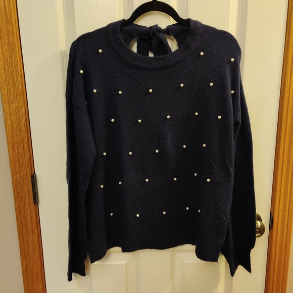 Hem & Thread Sweaters - Navy Blue Pearl-Embellished Sweater